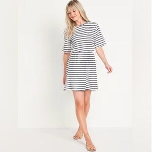 Old Navy Striped Cotton Dress Womens Sz Med Elastic Waist Nautical Preppy